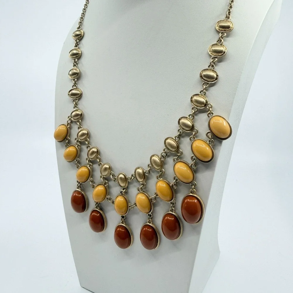 Vintage Amber & Yellow Cabochon Gold Tone Layered Bib Necklace